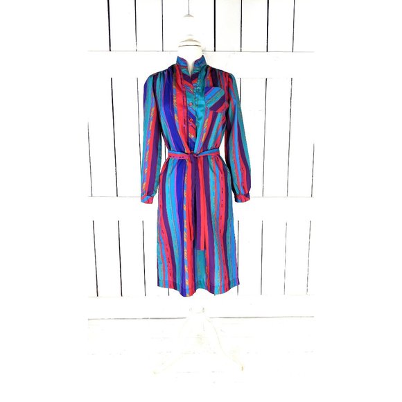 Vintage red blue striped long sleeve tunic belted dress - Picture 1 of 6
